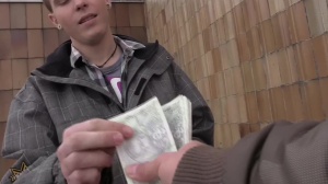 Relaxed man on his knees sucking hard penis